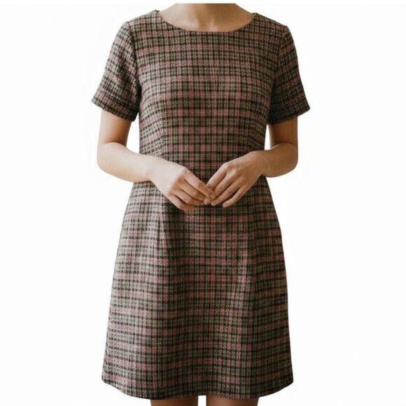 TOMMY HILFIGER Red Tan Olive Green Black Plaid Houndstooth Shift Dress - Size 4 - Picture 1 of 14